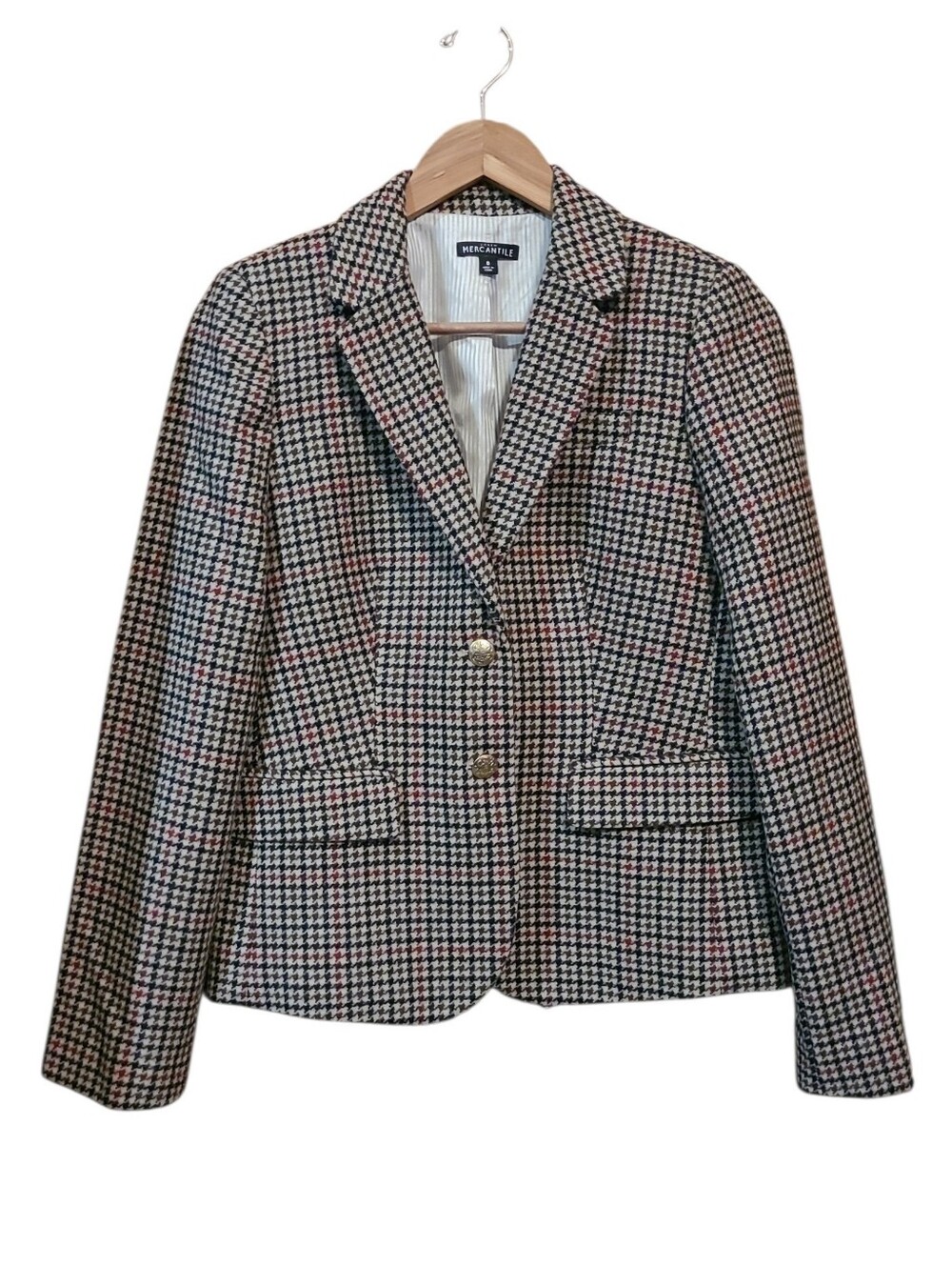 Women's J Crew Mercantile Wool Blend Houndstooth Blazer Size 8 Brown Red
